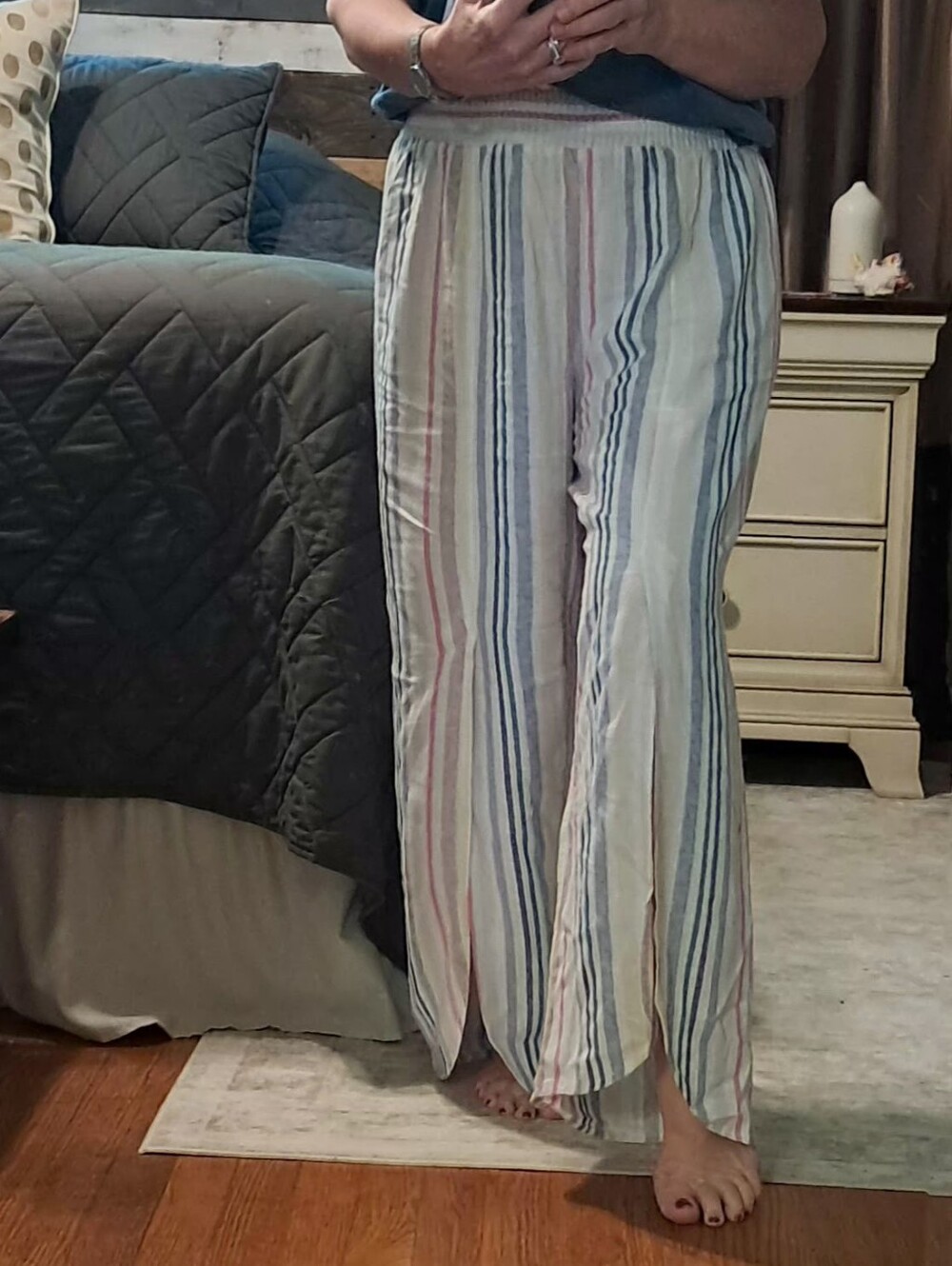 Lightweight Vertical Stripe Wide-Leg Lounge Pants - Pastel Stripes LINEN